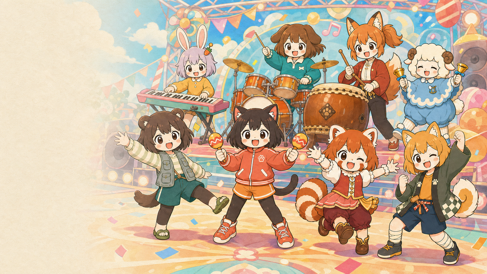 8人のケモっ子たちがバンド演奏とダンスを楽しむ、けものビートの表紙イラスト